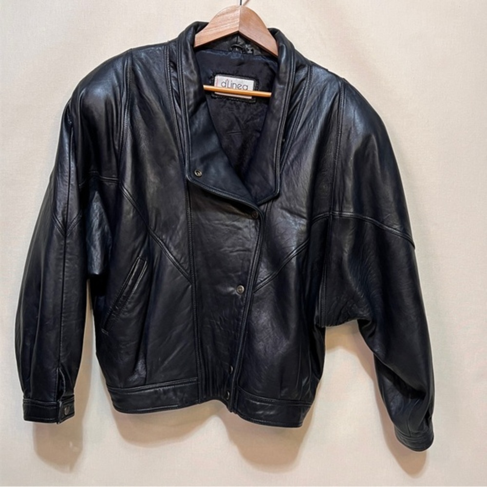 Vintage D.Linea Leather Bomber Jacket – Oversized Black 80s Style Women’s Large